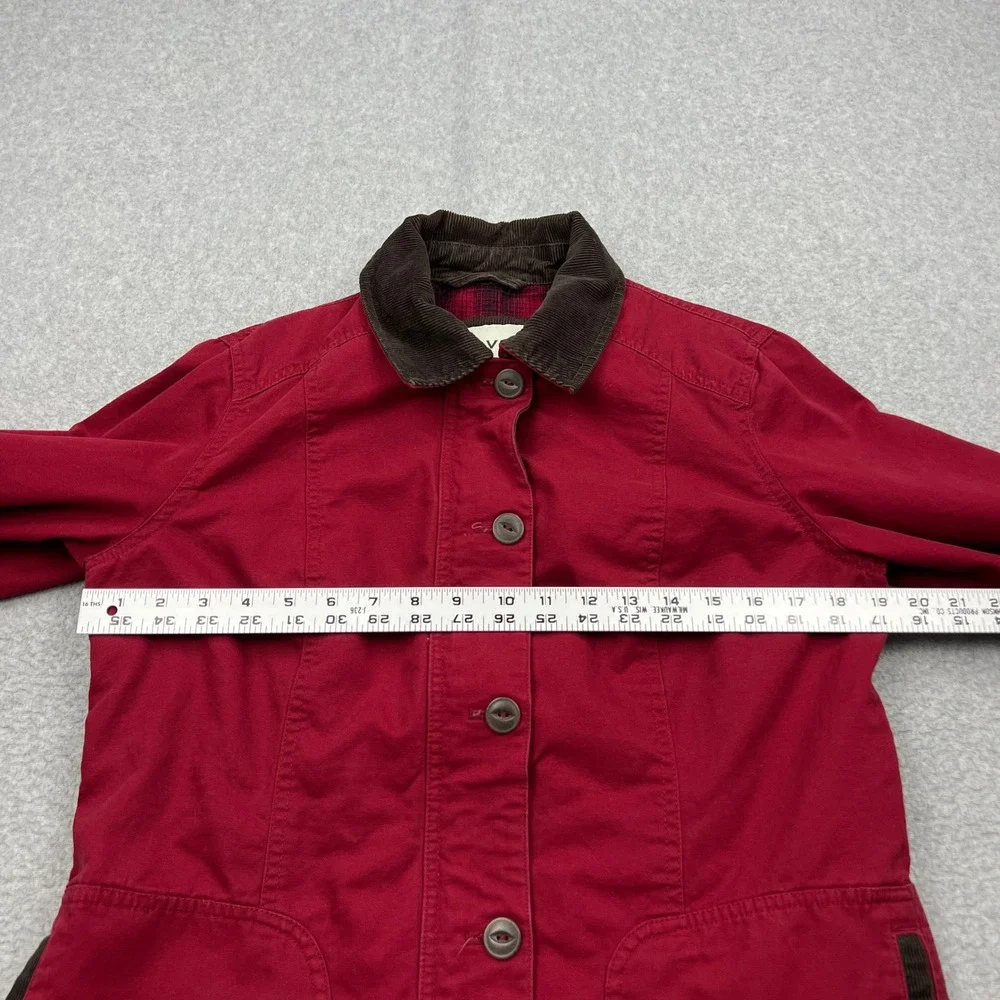 Orvis Barn Jacket Womens Small Red Canvas Plaid Lined Corduroy Collar Field Coat